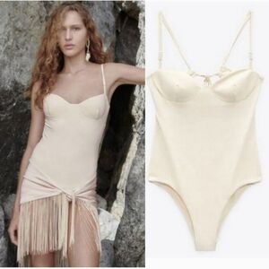 New Zara 0167/030 Braided Straps Cream One Piece Swimsuit NWT Medium
